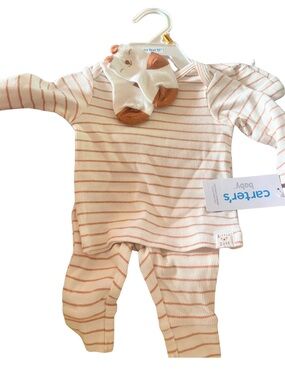 Carter's Cream & Rust Striped 4-Piece Pajama Set with Animal Socks & Bear Hat